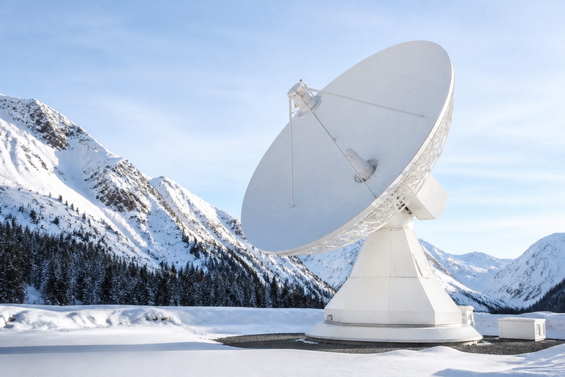 A 15-metre tracking antenna in a snow-covered alpine valley